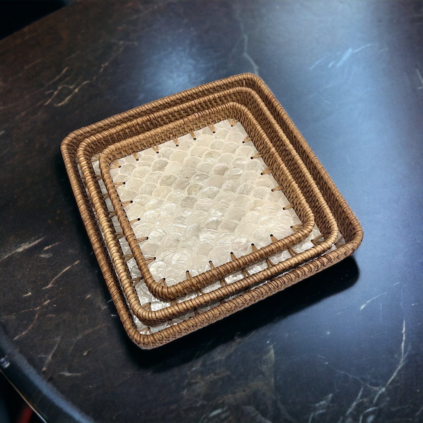 Square Capiz Shell Rattan Tray – Handmade Woven Serving Tray with Pearl Mosaic