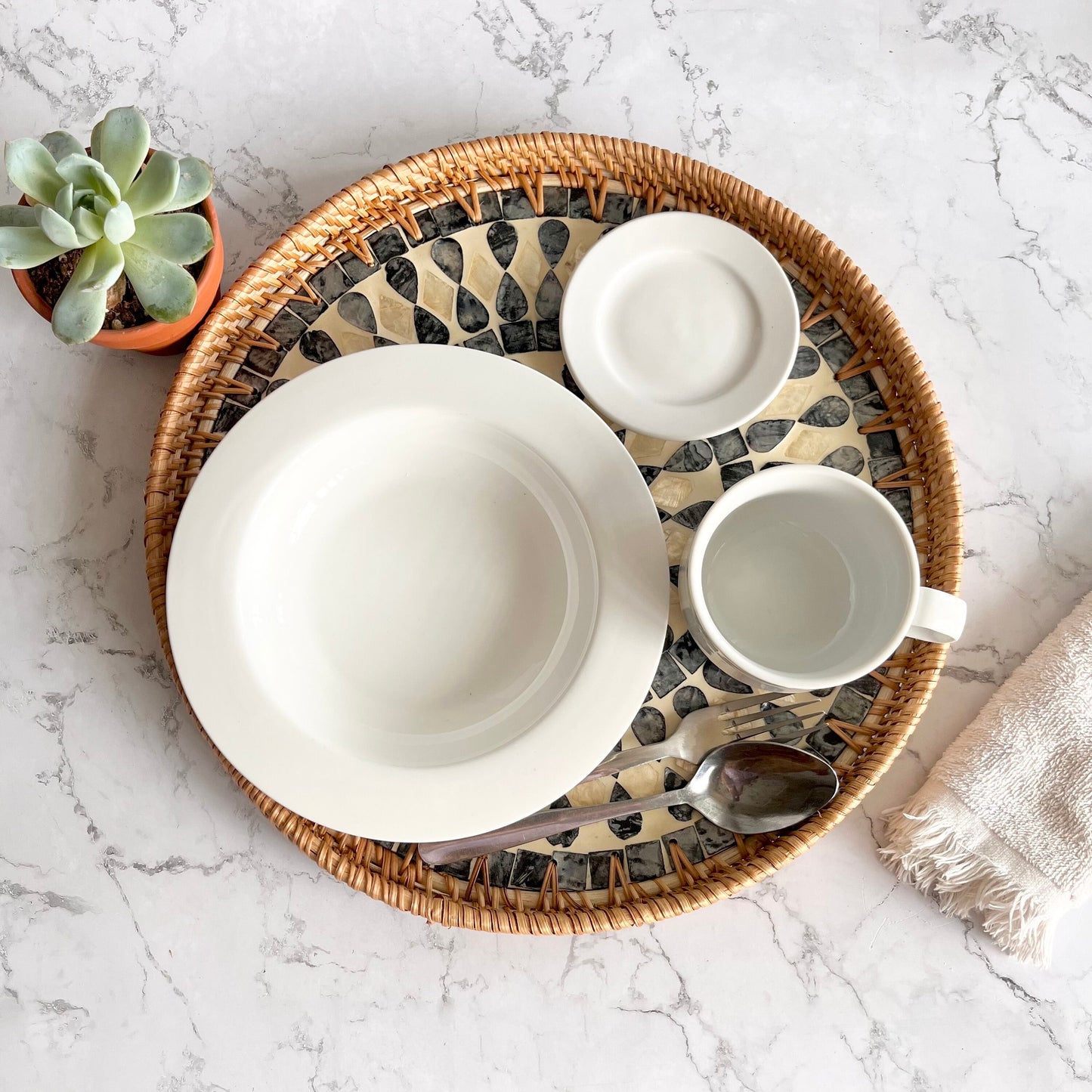 Round Rattan Tray with Black & Ivory Capiz Shell Inlay
