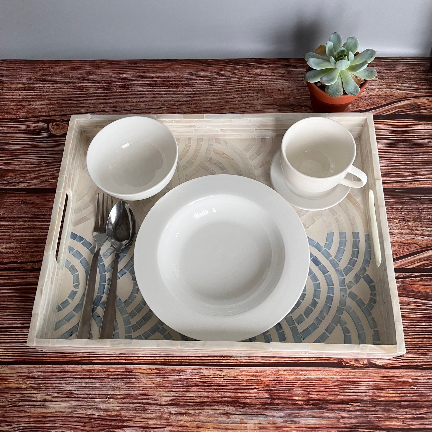 Rectangular Mother of Pearl Inlay Tray – Wave Pattern Decorative Serving Tray