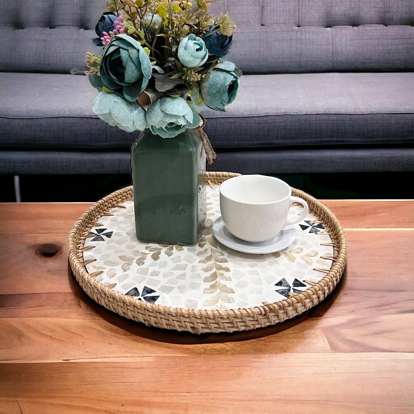 Black White Gold flower Hand-woven Capiz Shell Tray