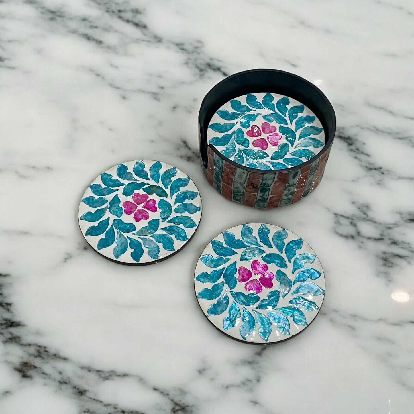 Capiz Shell Coasters Set: Blue Leaves, Pink Flowers, Round Coasters with Holder