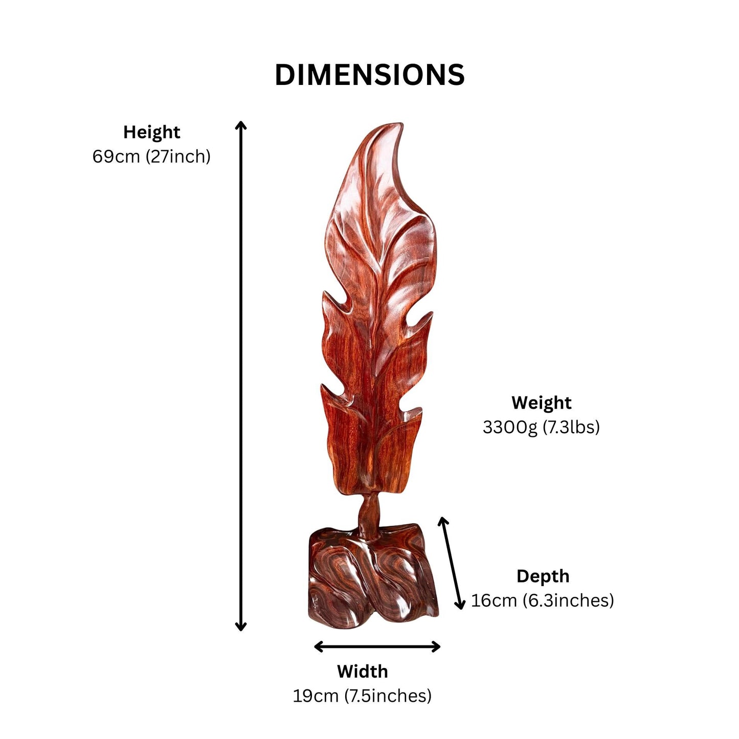Hand-Carved Rosewood Oak Leaf Sculpture: Natural Wood Decor 27'' tall