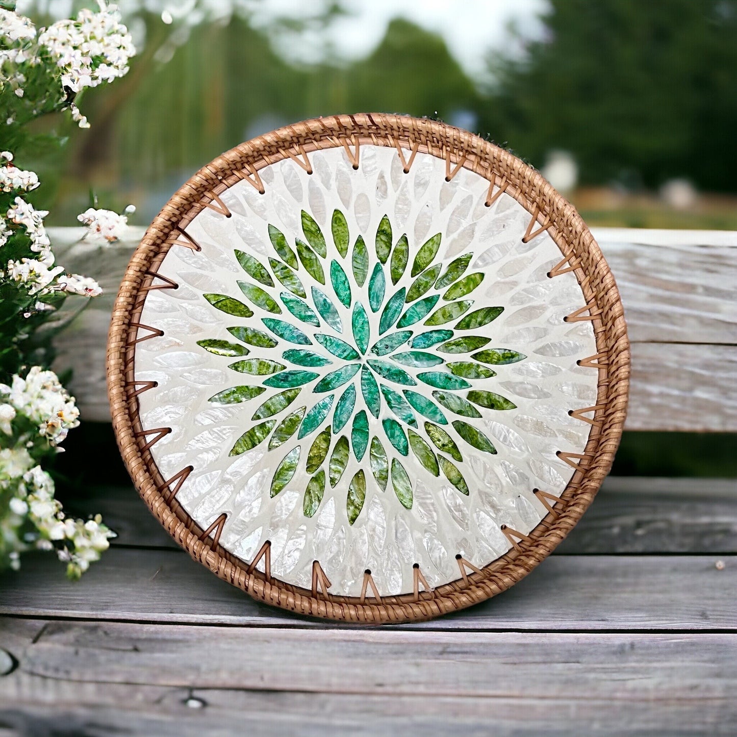 Round Rattan Tray with Green Capiz Shell Leaf Mosaic