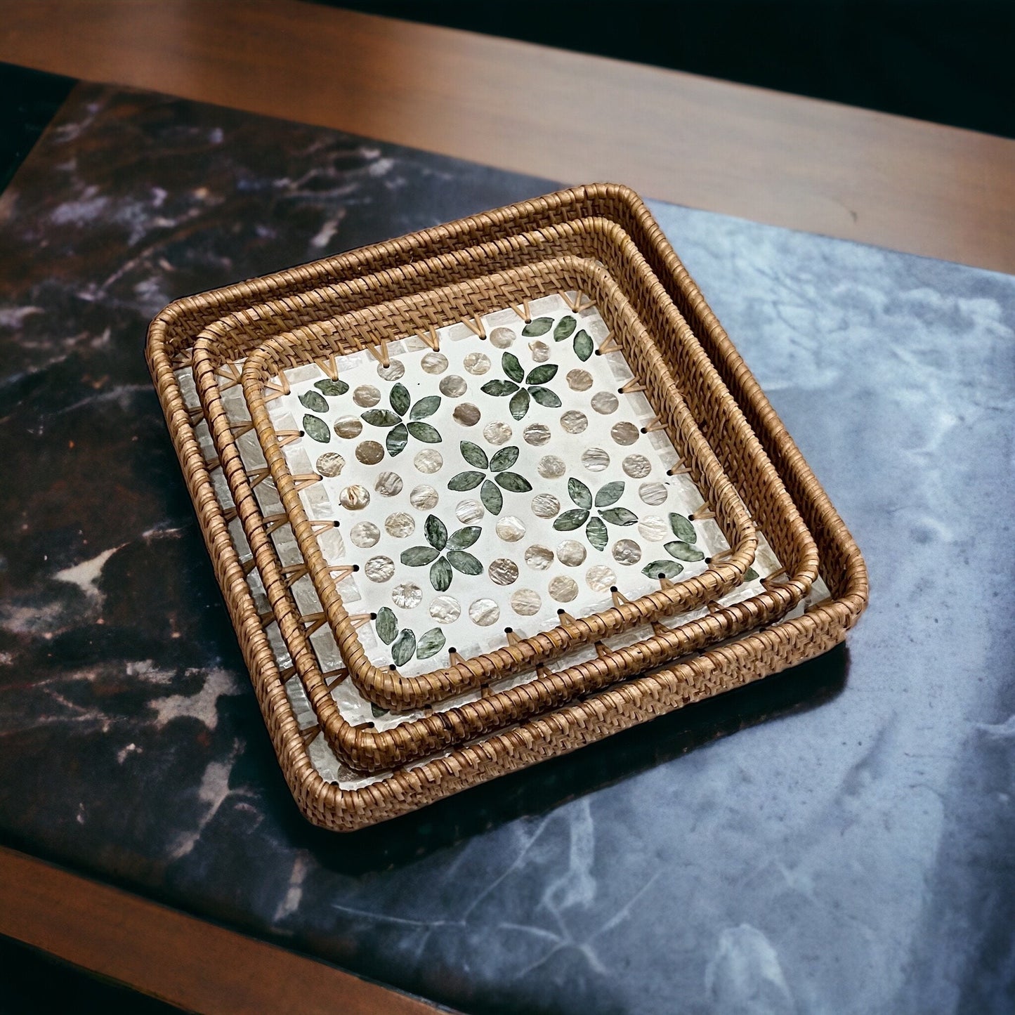 Square Capiz Shell Rattan Tray with Floral Dot Mosaic