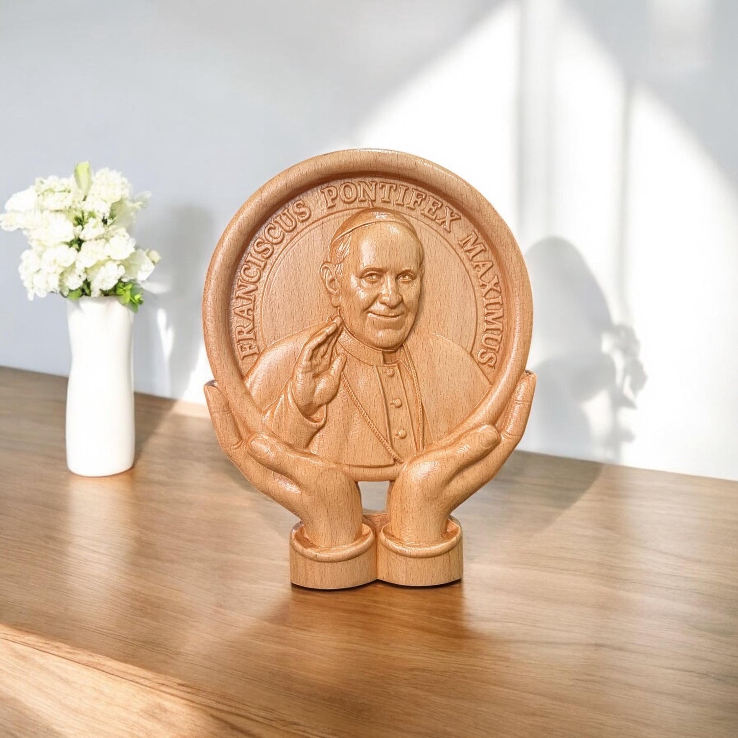 Beech Wood Pope Francis Sculpture: Catholic Blessing Statue