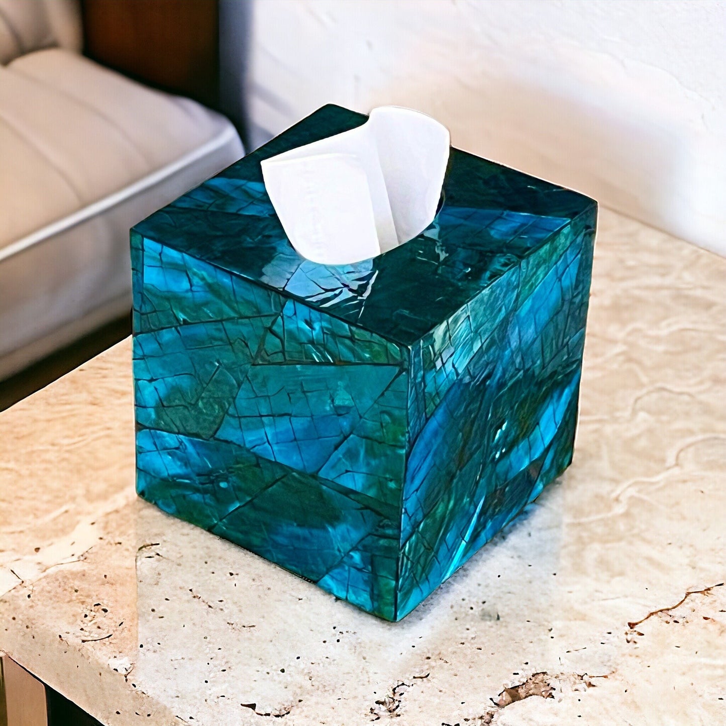 Blue Teal Square Mother of Pearl Tissue Box Cover