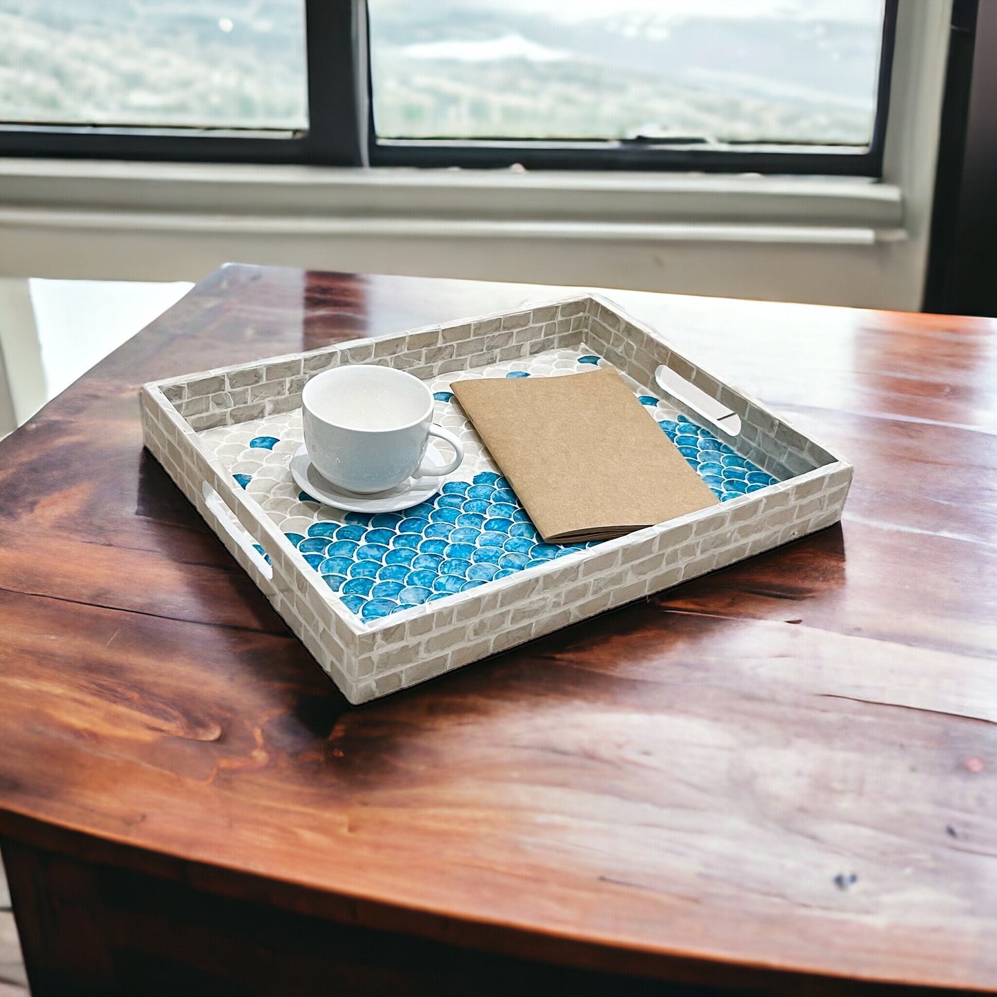 Rectangular Blue & White Mother of Pearl Scallop Inlay Tray