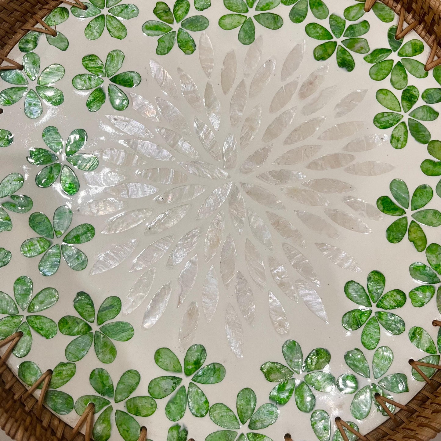 Green flower Hand-woven Rattan & Capiz Shell Serving Tray