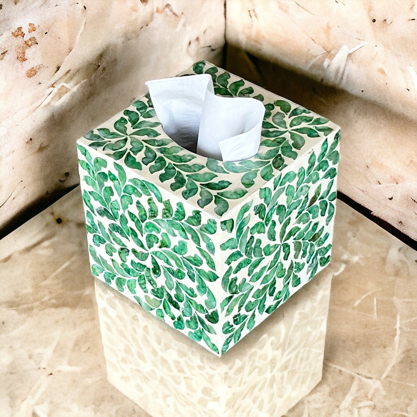 Green Leaf Capiz Inlay Square Tissue Box Cover