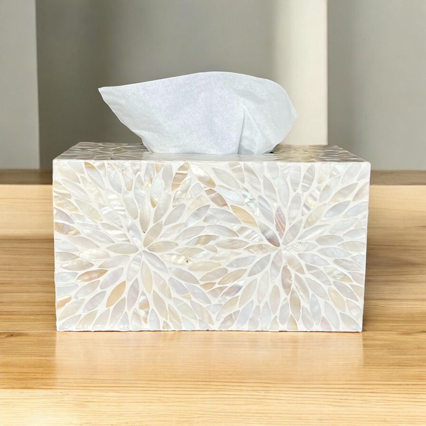 Rectangular Ivory Floral Mother of Pearl Tissue Box Cover