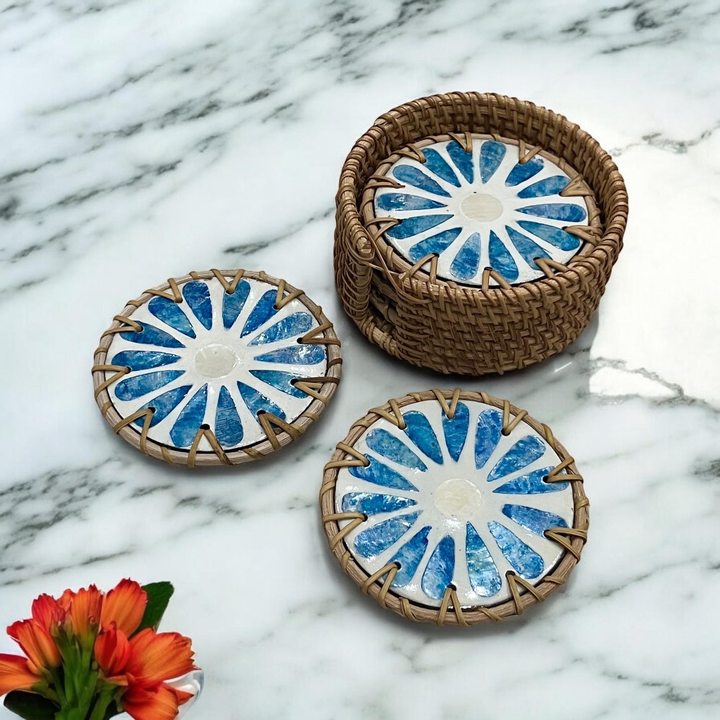 Blue Capiz Shell & Rattan Coaster Set with Handwoven Holder