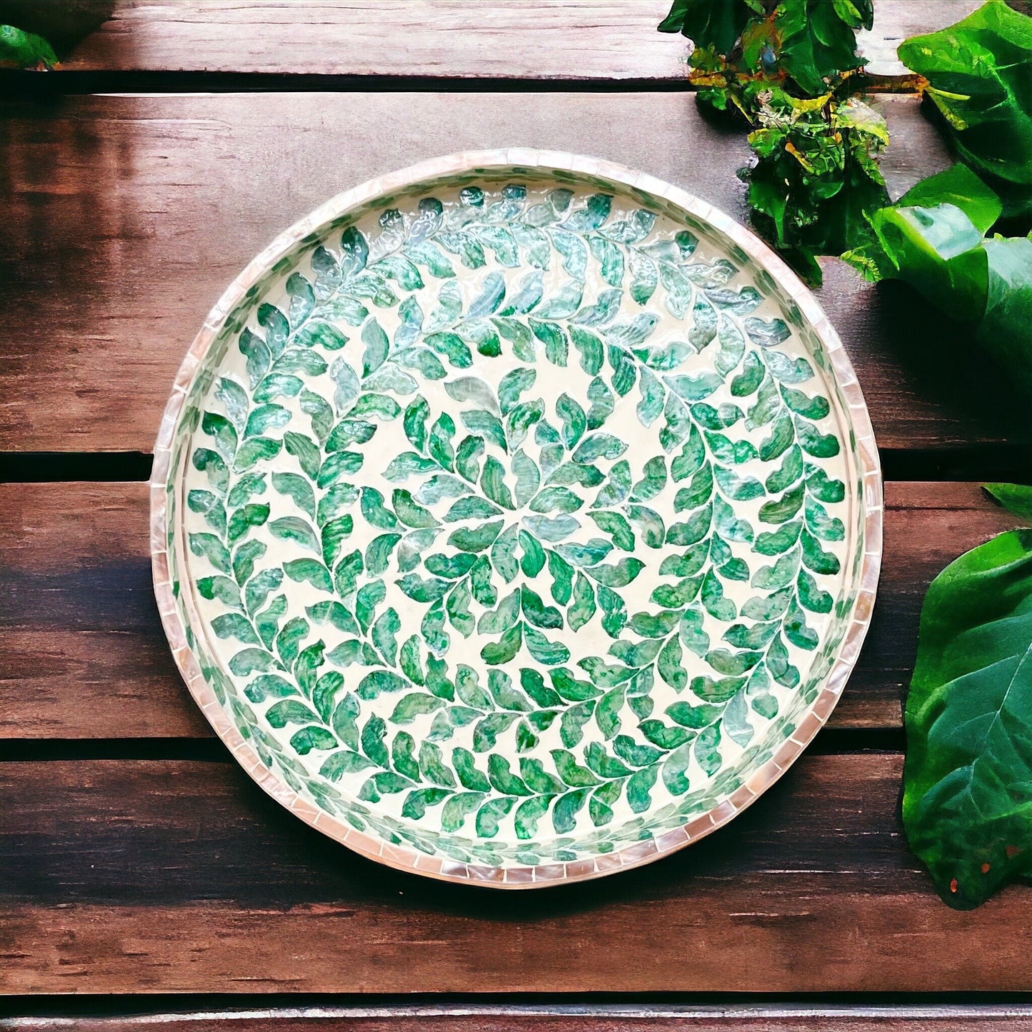 Round Capiz Shell Inlay Tray with Green Leaf Pattern – Decorative Coffee & Serving Tray