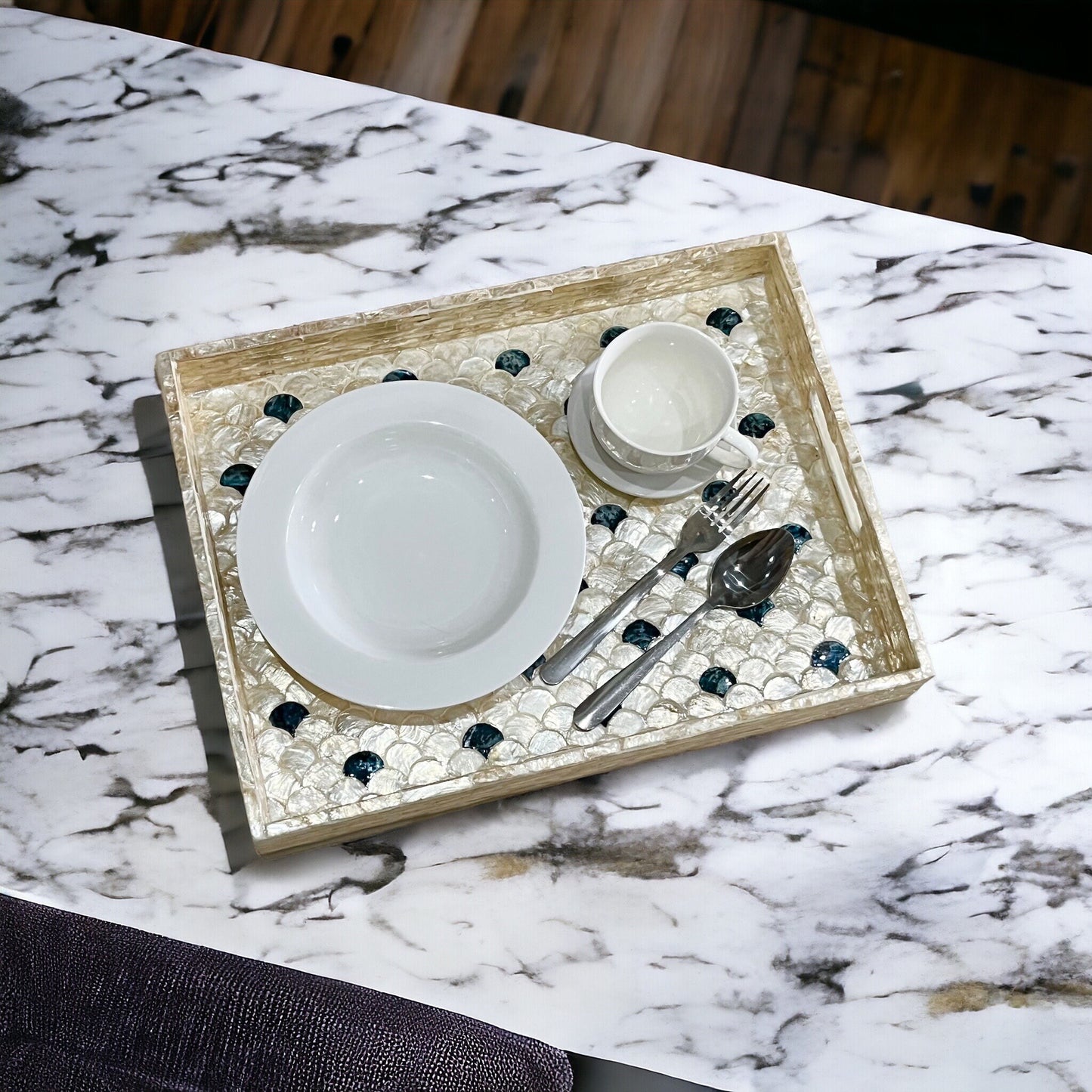 Rectangular Ivory & Black Capiz Shell Scallop Inlay Tray