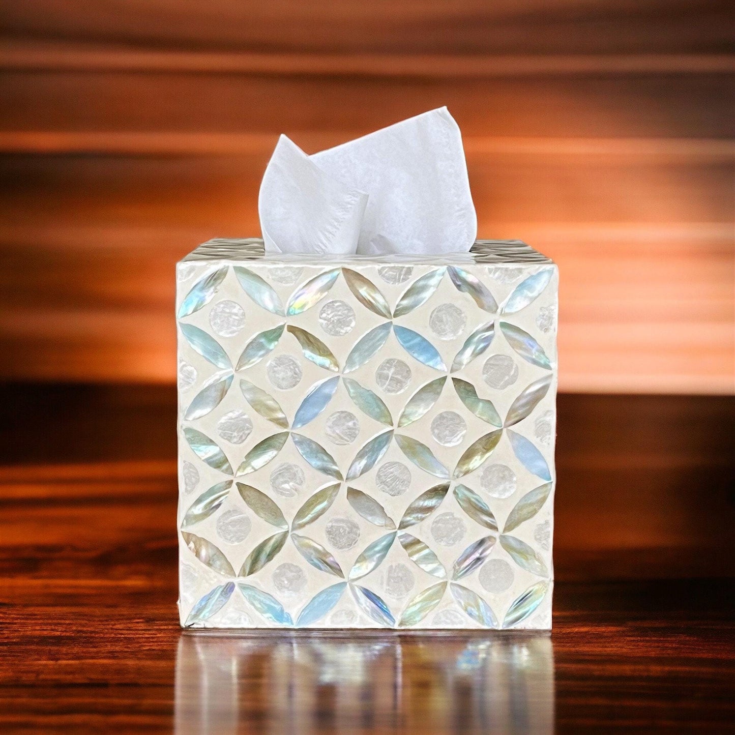 Square Mother of Pearl & Capiz Shell Tissue Box Cover – Ivory Geometric Floral Design