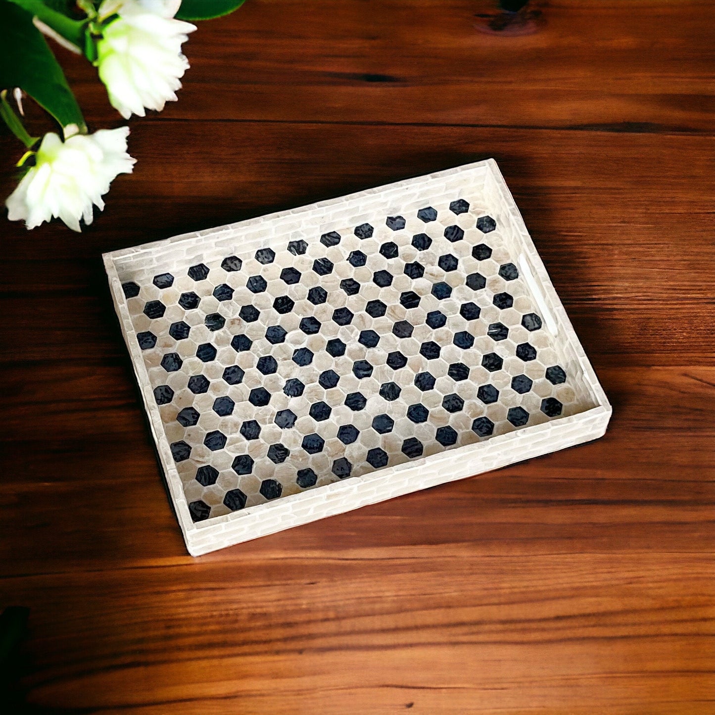 Rectangular Black & Ivory Capiz Shell Hexagon Inlay Tray