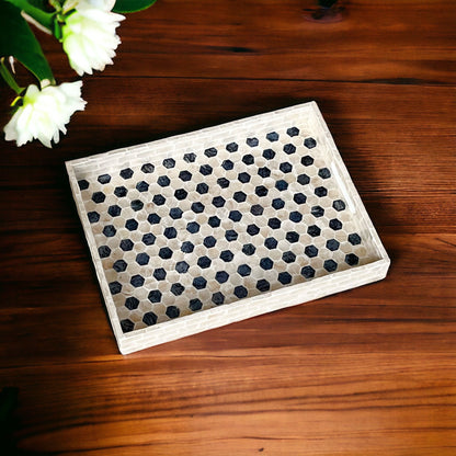 Rectangular Black & Ivory Capiz Shell Hexagon Inlay Tray