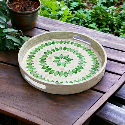 Round Green Leaf Mother of Pearl & Capiz Shell Inlay Tray