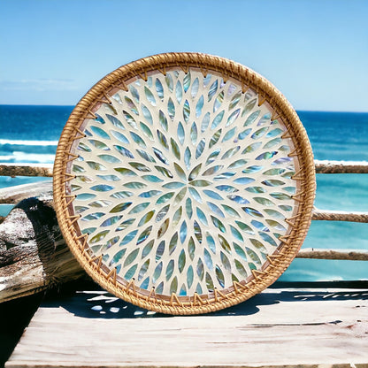 Aqua flower Hand-woven Rattan & Mother Pearl Inlay Serving Tray
