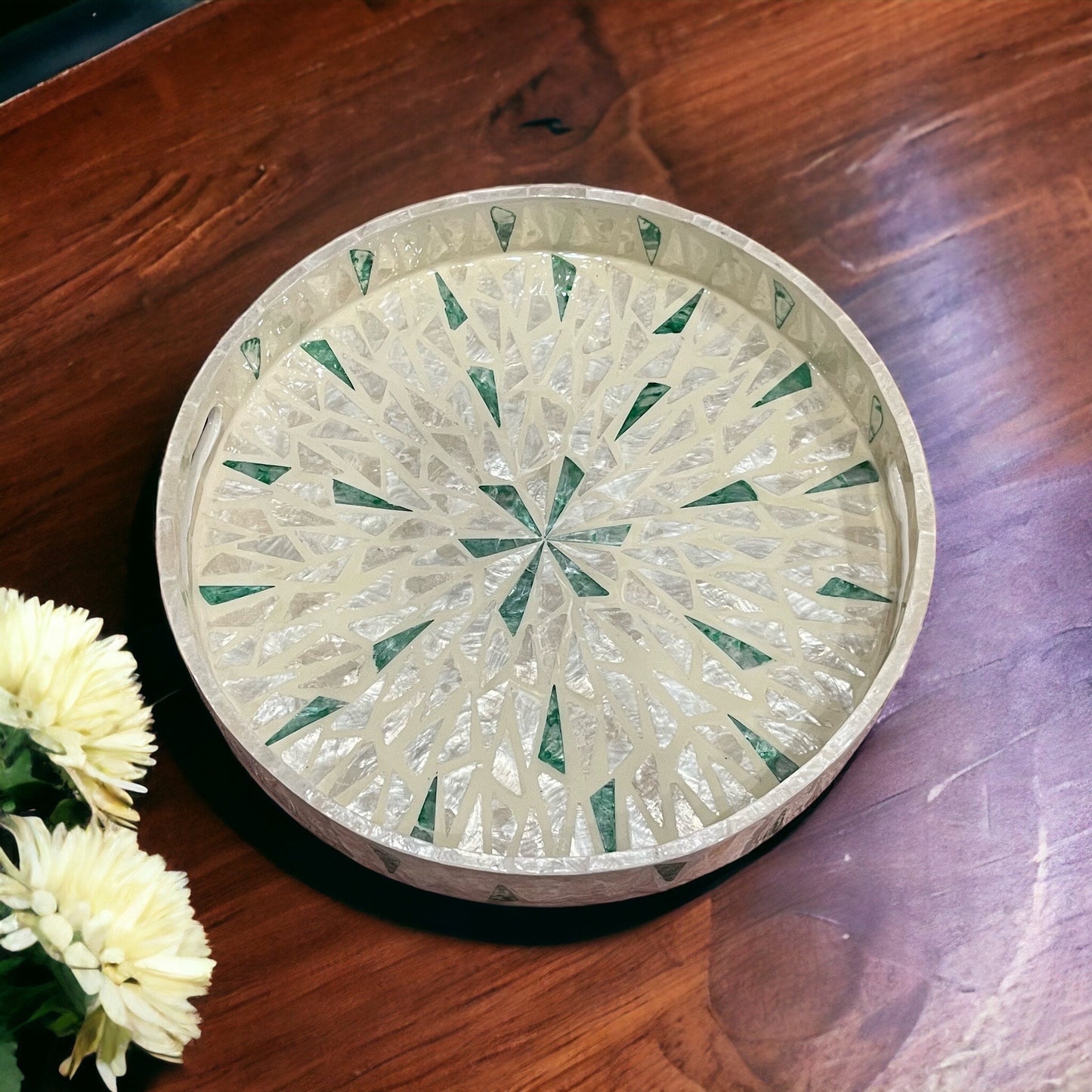 Round Capiz Shell Sunburst Inlay Tray with Green Accents