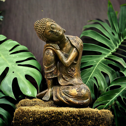 Relaxed Buddha Statue: Antique Bronze Gold Finish, Zen Decor