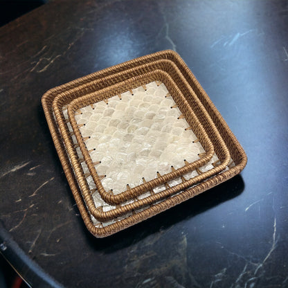 Square Capiz Shell Rattan Tray – Handmade Woven Serving Tray with Pearl Mosaic