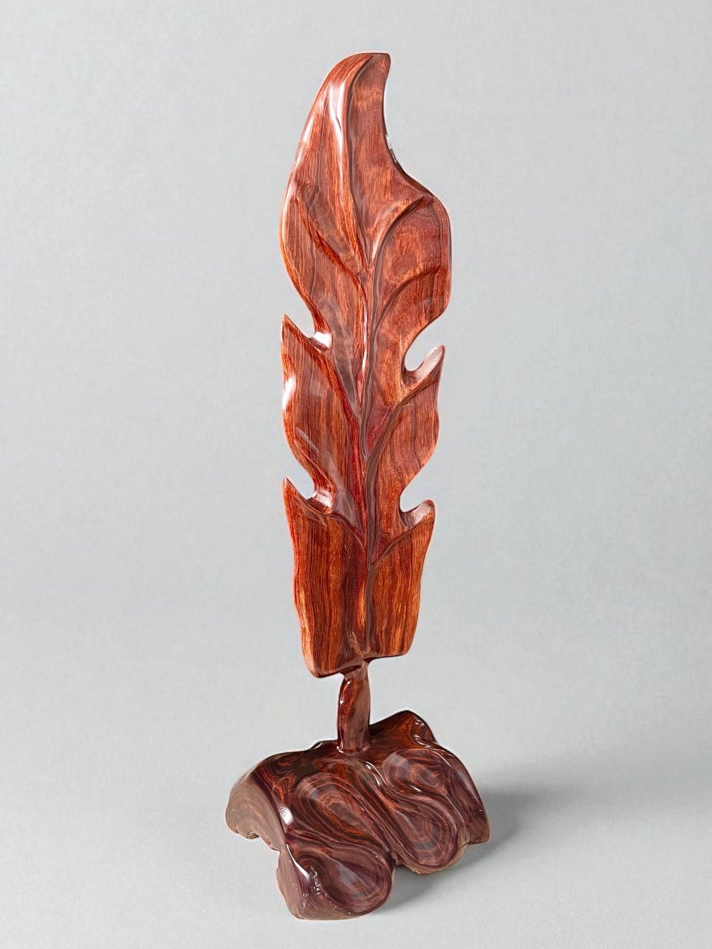 Hand-Carved Rosewood Oak Leaf Sculpture: Natural Wood Decor 27'' tall