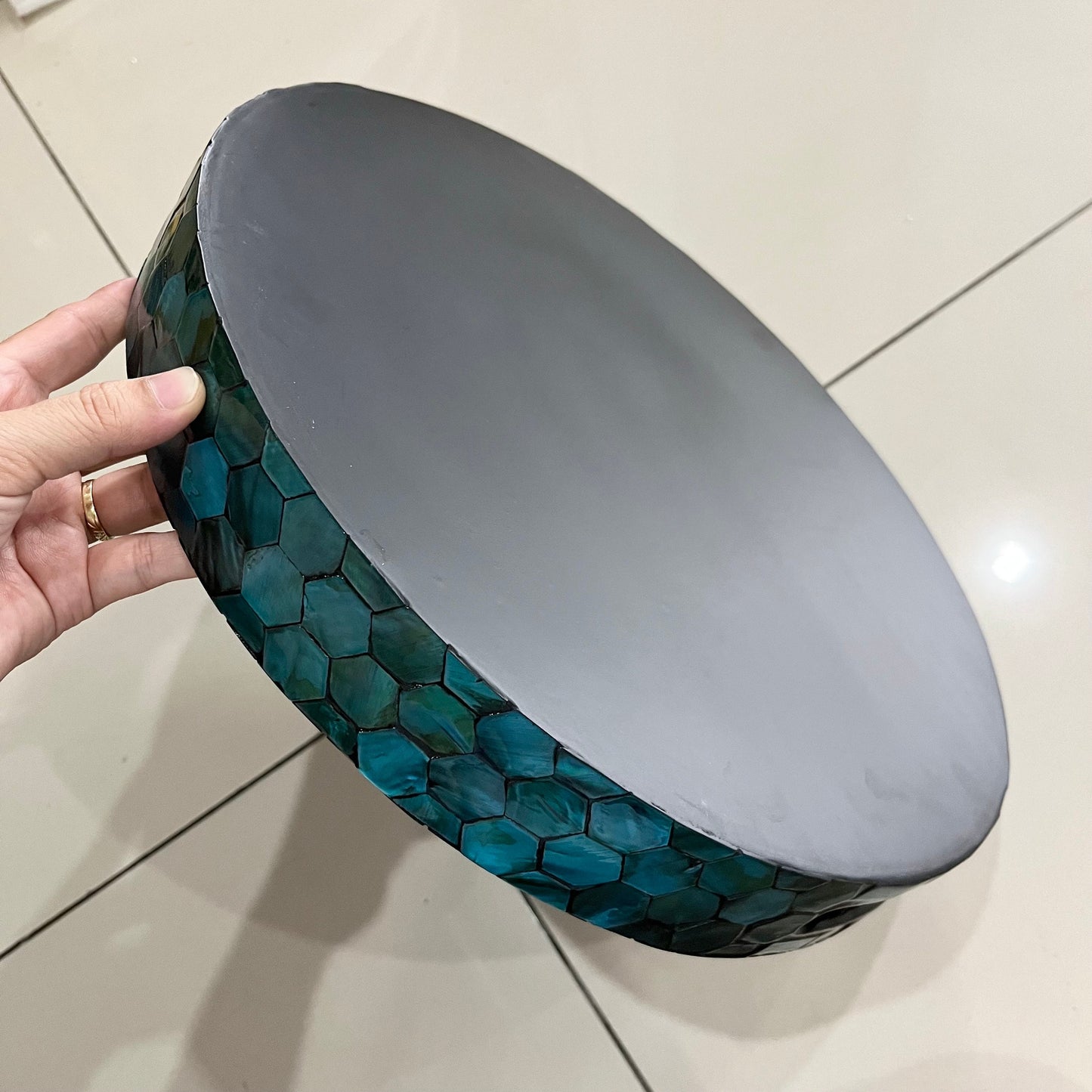 Teal Blue Mother of Pearl Hexagon Inlay Tray