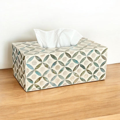 Rectangular Mother of Pearl & Capiz Tissue Box Cover – Ivory Geometric Floral Design