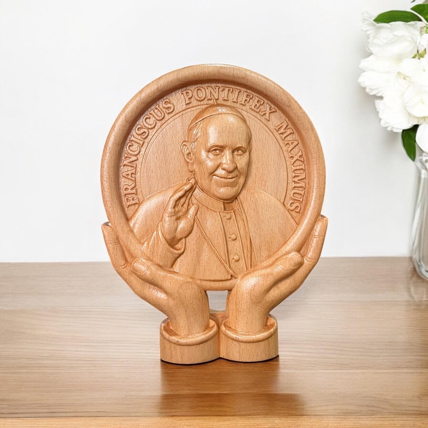 Beech Wood Pope Francis Sculpture: Catholic Blessing Statue