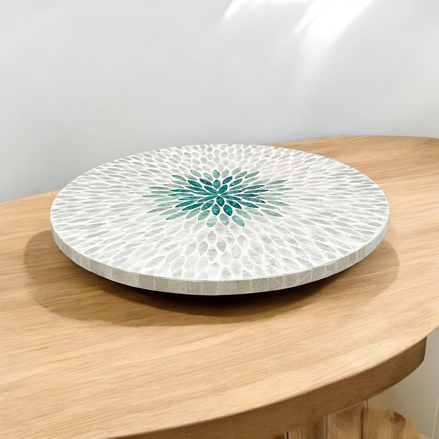 Capiz Shell Lazy Susan: White & Green leaf floral pattern