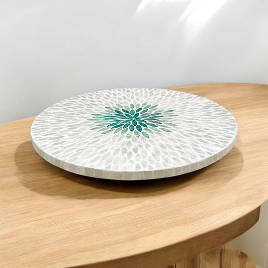 Capiz Shell Lazy Susan: White & Green leaf floral pattern