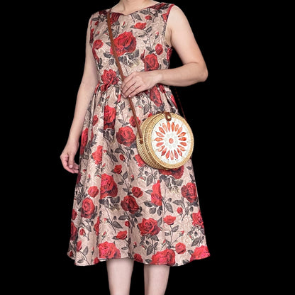 Summer Red Flower Round Rattan Crossbody Bag