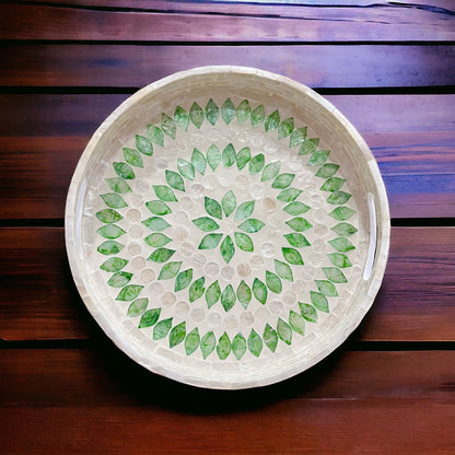 Round Green Leaf Mother of Pearl & Capiz Shell Inlay Tray