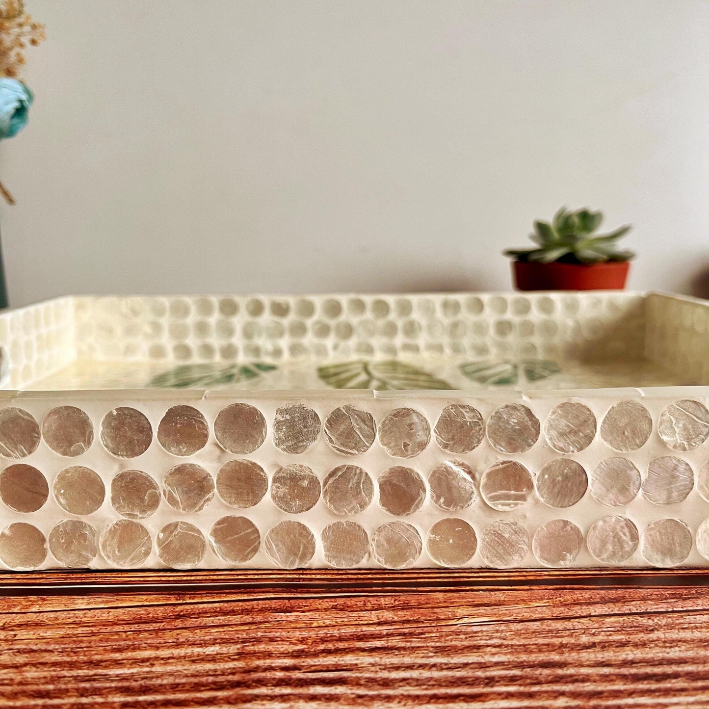 Green Leaf Capiz Shell Rectangular Tray with Handles