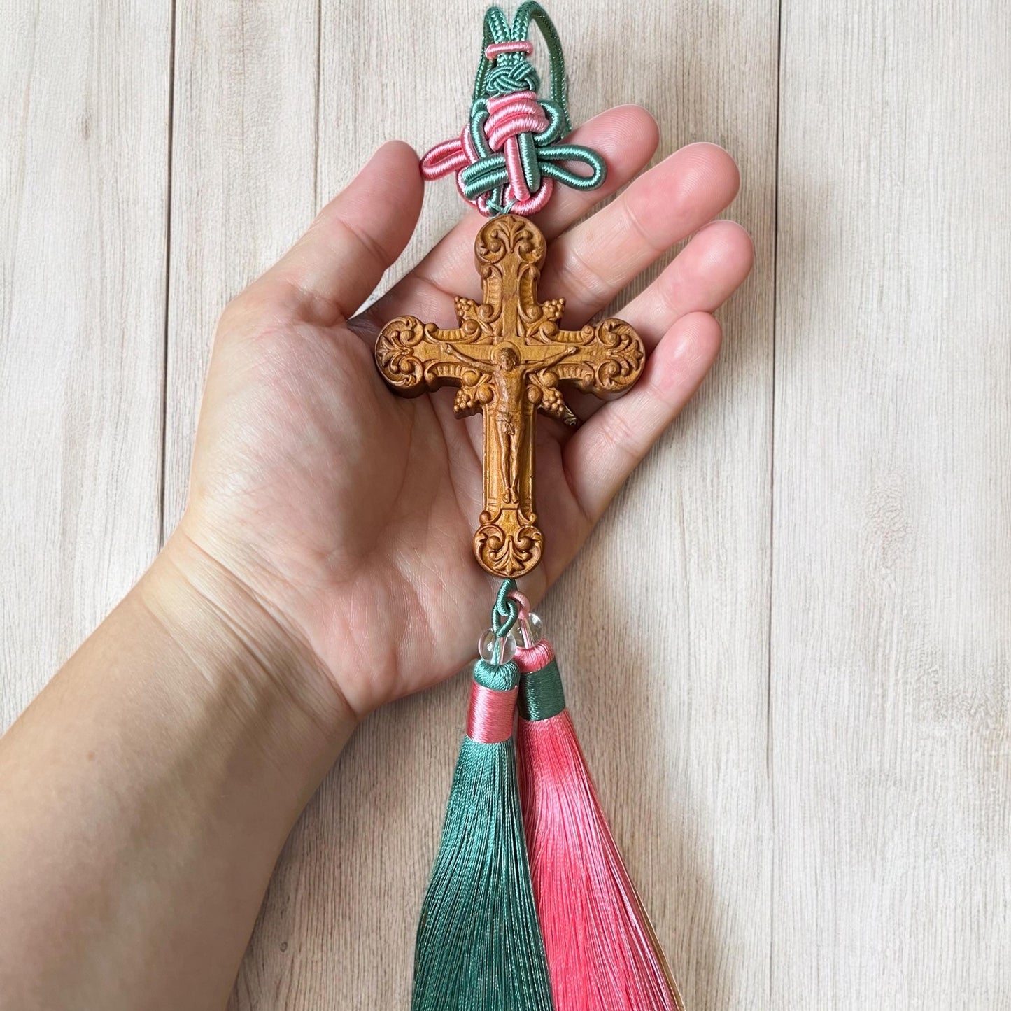 Handmade Wooden Cross Car Charm: Catholic Rearview Mirror Ornament