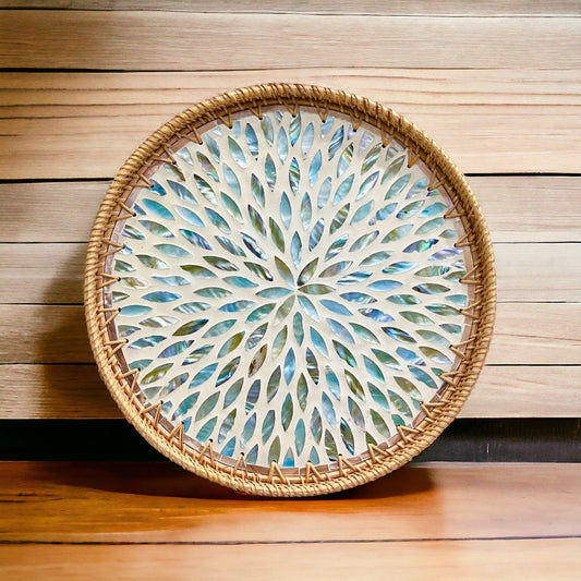 Aqua flower Hand-woven Rattan & Mother Pearl Inlay Serving Tray