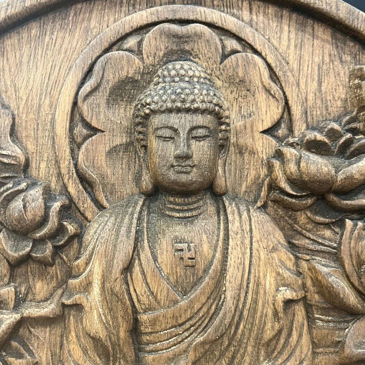 Wood Carved Amitabha Buddha Wall Art 30cm 11.8 inches diameter