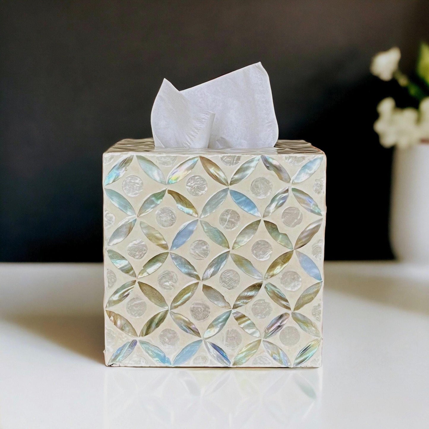 Square Mother of Pearl & Capiz Shell Tissue Box Cover – Ivory Geometric Floral Design