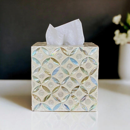 Square Mother of Pearl & Capiz Shell Tissue Box Cover – Ivory Geometric Floral Design