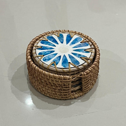 Blue Capiz Shell & Rattan Coaster Set with Handwoven Holder