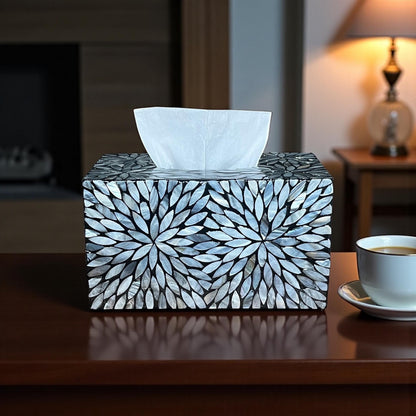 Rectangular Black Floral Mother of Pearl Tissue Box Cover