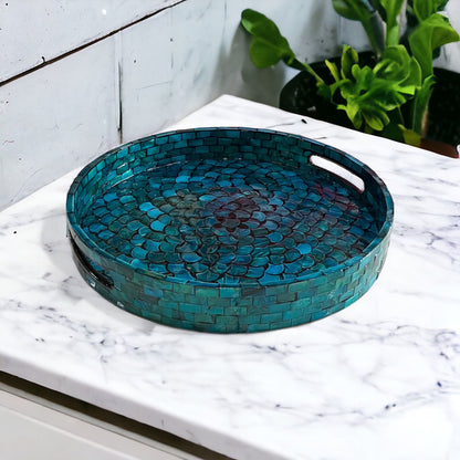 Round Turquoise Mother of Pearl Scallop Inlay Tray