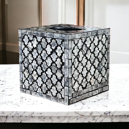 Black & Ivory Capiz Shell Tissue Box Cover – Square Moroccan Pattern MDF Holder