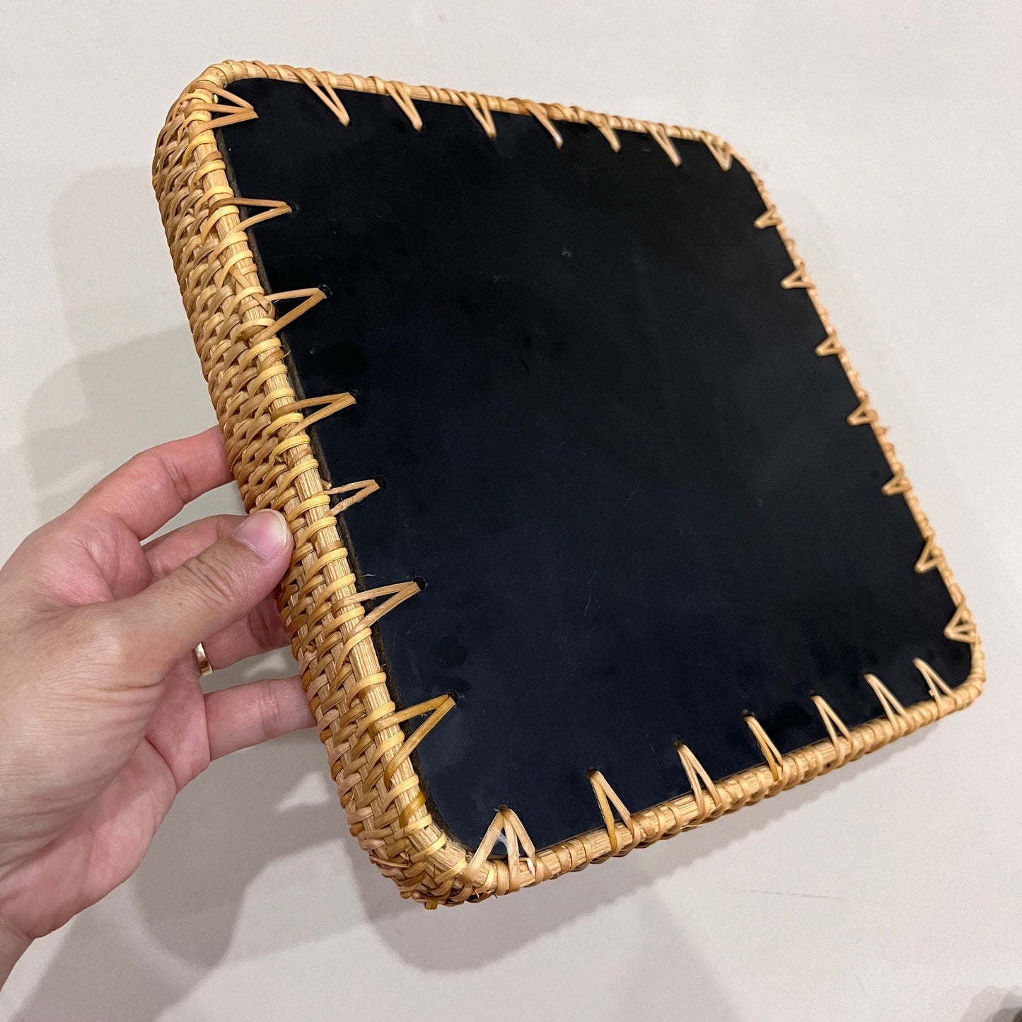 Square Capiz Shell Rattan Tray – Handmade Floral Mosaic Woven Serving Tray