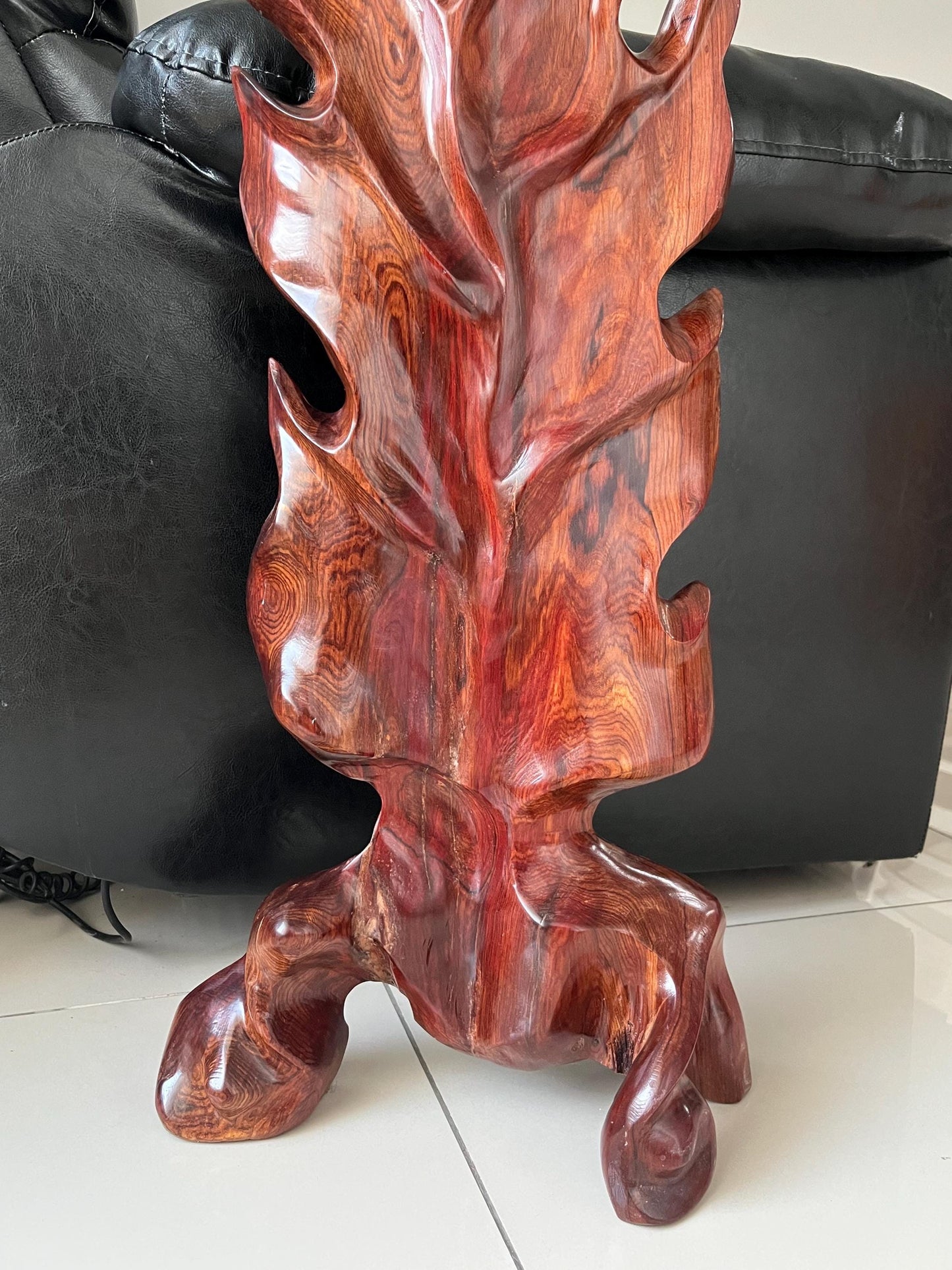 Hand-Carved Rosewood Oak Leaf Sculpture: Natural Wood Decor 31 in Tall