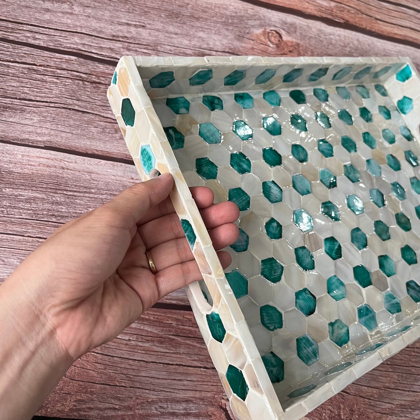 Mother of Pearl Serving Tray: Handmade Honeycomb Inlay, Vietnamese Craft