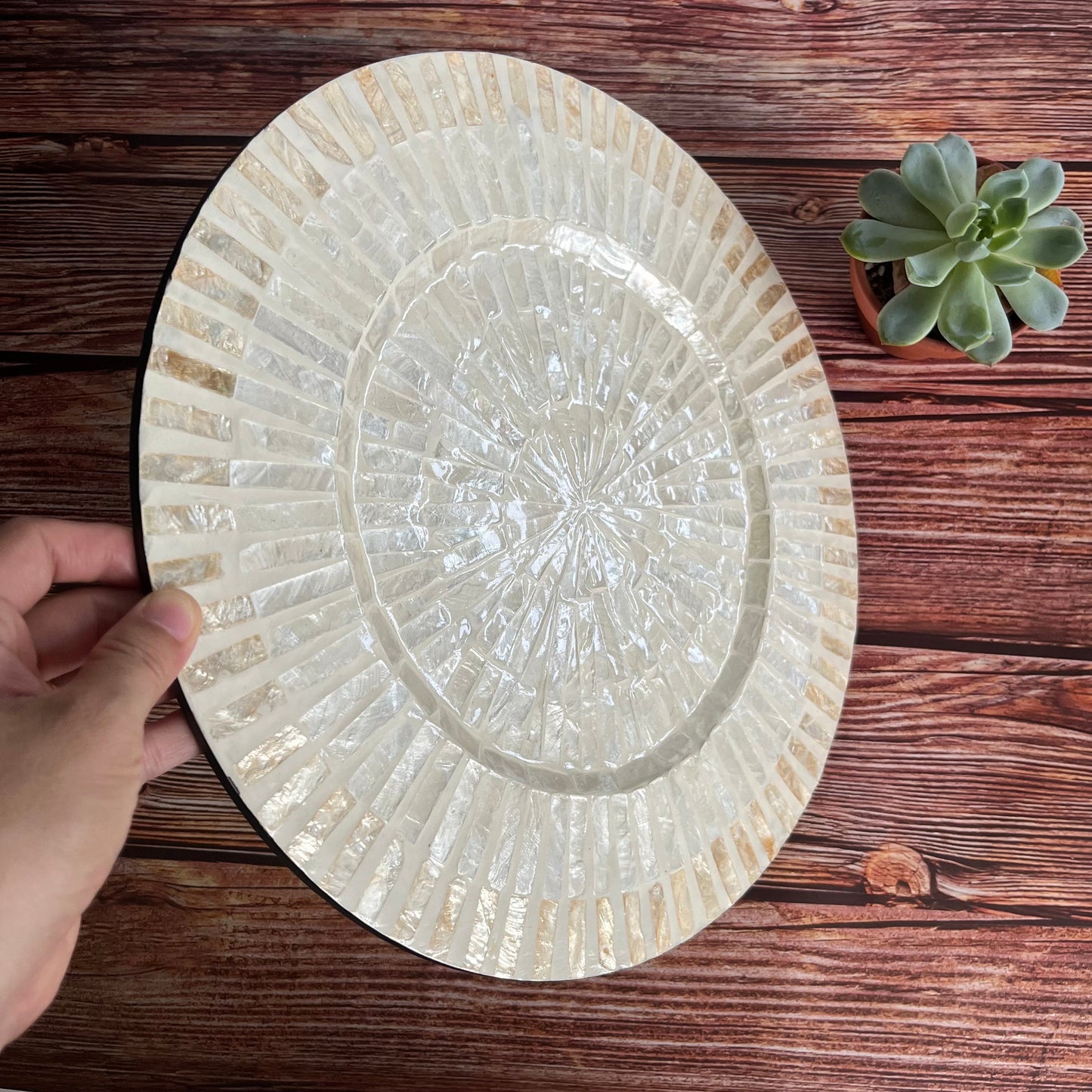 Set of 2 Ivory Capiz Inlay Charger Plates Radial Striped Design
