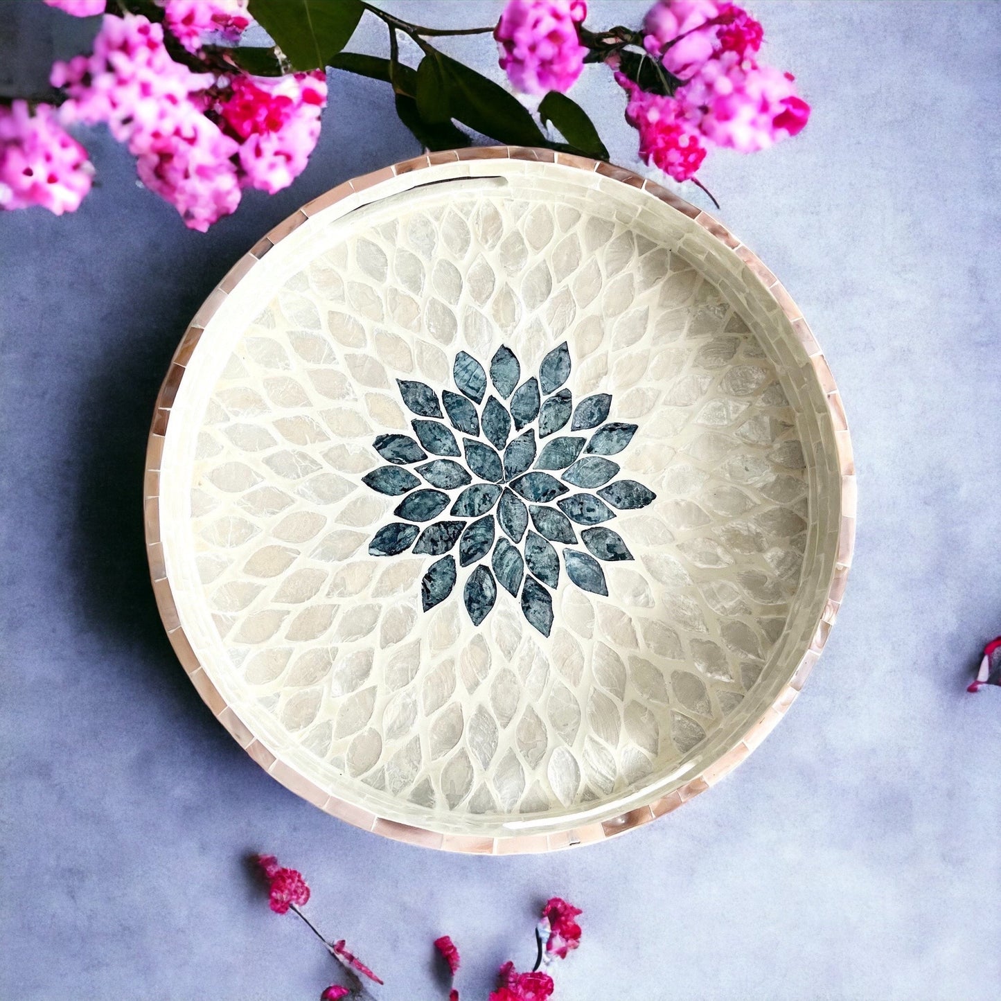 Round Mother of Pearl & Capiz Shell Floral Inlay Tray with Black Center
