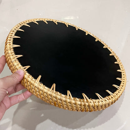 Round Rattan Tray with Blue Capiz Shell Inlay – Handmade Floral Serving Tray