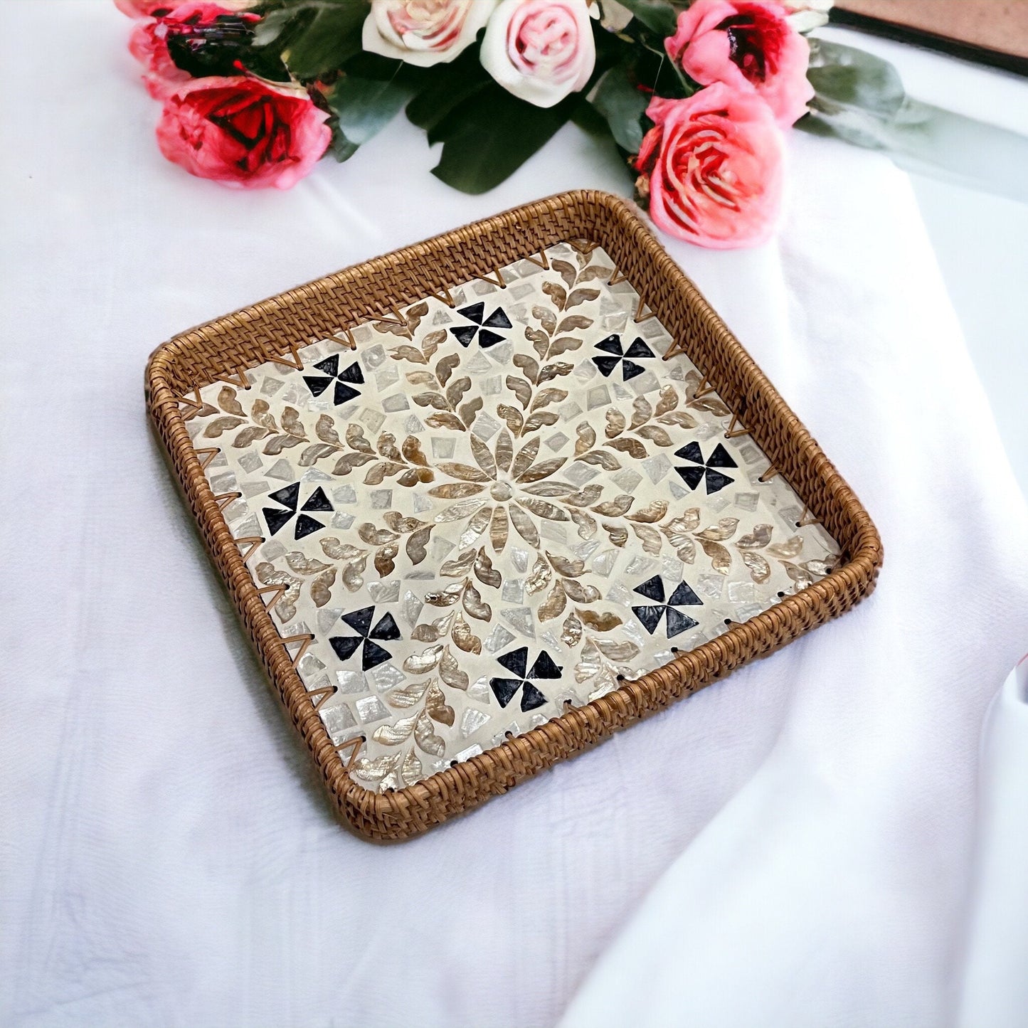 Square Capiz Shell Rattan Tray – Handmade Floral Mosaic Woven Serving Tray